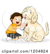 Poster, Art Print Of Happy Brunette White Boy Pretending To Be A Veterinarian To His Dog