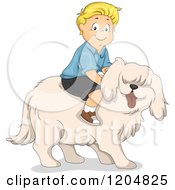 Happy Blond White Boy Riding A Big Dog