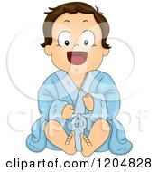 Cartoon Of A Happy Brunette Toddler Boy Sitting In A Robe Royalty Free Vector Clipart