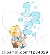 Poster, Art Print Of Amazed Blond White Boy Making Numbers With Bubbles
