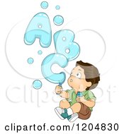 Poster, Art Print Of Amazed Brunette White Boy Making Letters With Bubbles