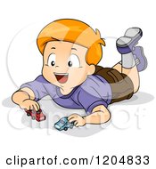 Cartoon Of A Happy Red Haired White Boy Playing With Toy Cars Royalty Free Vector Clipart