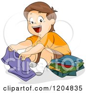 Poster, Art Print Of Happy Brunette White Boy Folding Shirts