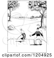Clipart Of A Vintage Black And White Couple Golfing Royalty Free Vector Illustration