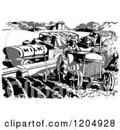 Clipart Of Vintage Black And White Farm Vehicles Royalty Free Vector Illustration