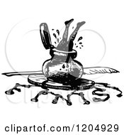 Clipart Of A Vintage Black And White Man Jumping In Ink With A Spill Spelling Finis Royalty Free Vector Illustration by Prawny Vintage
