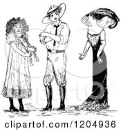 Clipart Of A Vintage Black And White Man And Girls In Dresses Royalty Free Vector Illustration
