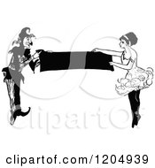 Clipart Of A Vintage Black And White Jester And Actress Holding A Banner Royalty Free Vector Illustration by Prawny Vintage