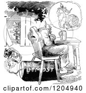Clipart Of A Vintage Black And White Man Sitting On An Explosive Royalty Free Vector Illustration