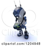 Poster, Art Print Of 3d Blue Android Robot Holding And Looking Down At An Earth Globe