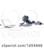 Poster, Art Print Of 3d Blue Android Robot Using A Compute Rmouse And Laptop On The Floor