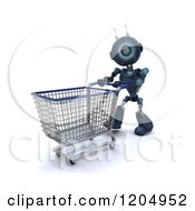 Poster, Art Print Of 3d Blue Android Robot Pushing A Shopping Cart Trolly