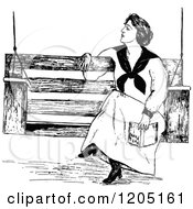 Clipart Of A Vintage Black And White Woman Olding A Book On A Bench Royalty Free Vector Illustration