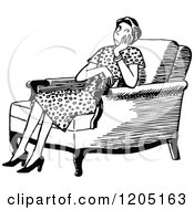 Cartoon Of A Vintage Black And White Bored Housewife In A Chair Royalty Free Vector Clipart