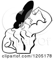 Cartoon Of A Vintage Black And White Charmon The Perfect Woman Flexing Royalty Free Vector Clipart