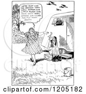 Clipart Of A Vintage Black And White Caravan Couple Royalty Free Vector Illustration