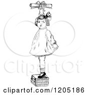 Clipart Of A Vintage Black And White Girl Standing On Books And Reaching For A Certificate Royalty Free Vector Illustration