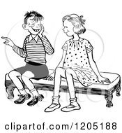 Clipart Of A Vintage Black And White Boy And Girl Laughing On A Bench Royalty Free Vector Illustration