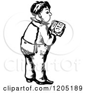 Clipart Of A Vintage Black And White Boy Standing And Reading Royalty Free Vector Illustration