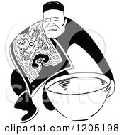 Cartoon Of A Vintage Black And White Asian Man With A Bowl Royalty Free Vector Clipart