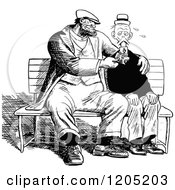 Clipart Of Vintage Black And White Men Being Buddies On A Bench Royalty Free Vector Illustration