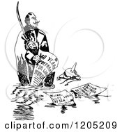 Cartoon Of A Vintage Black And White Man Sunk At Sea Royalty Free Vector Clipart