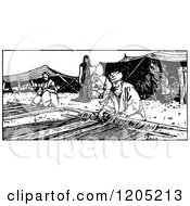 Cartoon Of Vintage Black And White Tent Makers Royalty Free Vector Clipart