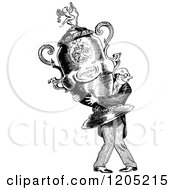 Cartoon Of A Vintage Black And White Man Carrying A Giant Trophy Royalty Free Vector Clipart