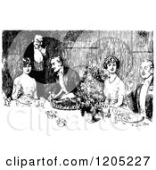 Clipart Of Vintage Black And White People Dining Royalty Free Vector Illustration