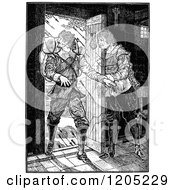 Clipart Of Vintage Black And White Pilgrims In An Arrow Attack Royalty Free Vector Illustration