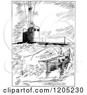 Poster, Art Print Of Vintage Black And White Submarine Rising By A Man Fishing