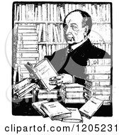 Cartoon Of A Vintage Black And White Man With Books Royalty Free Vector Clipart