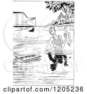 Cartoon Of A Vintage Black And White Man Wading By A No Smoking Sign Royalty Free Vector Clipart