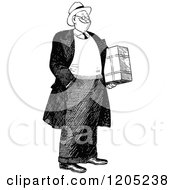 Cartoon Of A Vintage Black And White Happy Man Holding A Package Royalty Free Vector Clipart