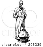 Cartoon Of A Vintage Black And White Ancient Middle Eastern Man With A Jar Royalty Free Vector Clipart