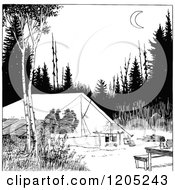 Cartoon Of A Vintage Black And White Camp Site With Silhouetted People In A Tent Royalty Free Vector Clipart