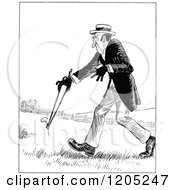 Cartoon Of A Vintage Black And White Man Carrying A Weed Through A Field Royalty Free Vector Clipart