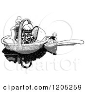 Clipart Of A Vintage Black And White Tiny Boy On A Spoon Royalty Free Vector Illustration