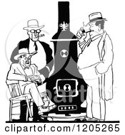 Clipart Of A Vintage Black And White Stove And Men Royalty Free Vector Illustration