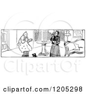 Clipart Of A Vintage Black And White Sherlock Holmes Scene Royalty Free Vector Illustration