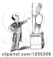 Clipart Of A Vintage Black And White Man And Roman Statue Royalty Free Vector Illustration