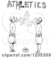 Clipart Of Vintage Black And White Athletics Men Royalty Free Vector Illustration