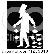 Clipart Of A Vintage Black And White Silhouetted Man Dropping Banknotes Royalty Free Vector Illustration