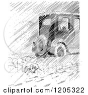 Poster, Art Print Of Vintage Black And White Car Passing A Homeless Dog In Rain Or Snow