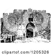 Cartoon Of Vintage Black And White St Stephens Gate Jerusalem Royalty Free Vector Clipart