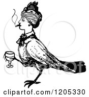 Poster, Art Print Of Vintage Black And White Bird Woman With A Cigarette And Wine