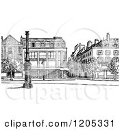 Cartoon Of A Vintage Black And White Street And Buildings Royalty Free Vector Clipart