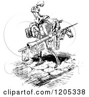 Clipart Of A Vintage Black And White Knight Carrying Christmas Presents Royalty Free Vector Illustration
