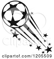 Clipart Of A Black And White Flying Soccer Ball With Stars 2 Royalty Free Vector Illustration
