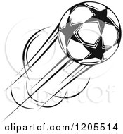 Clipart Of A Black And White Flying Soccer Ball With Stars Royalty Free Vector Illustration by Vector Tradition SM